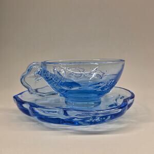 Tittot Blue Glass Tea Cups & Saucers Koi Fish Pattern Set